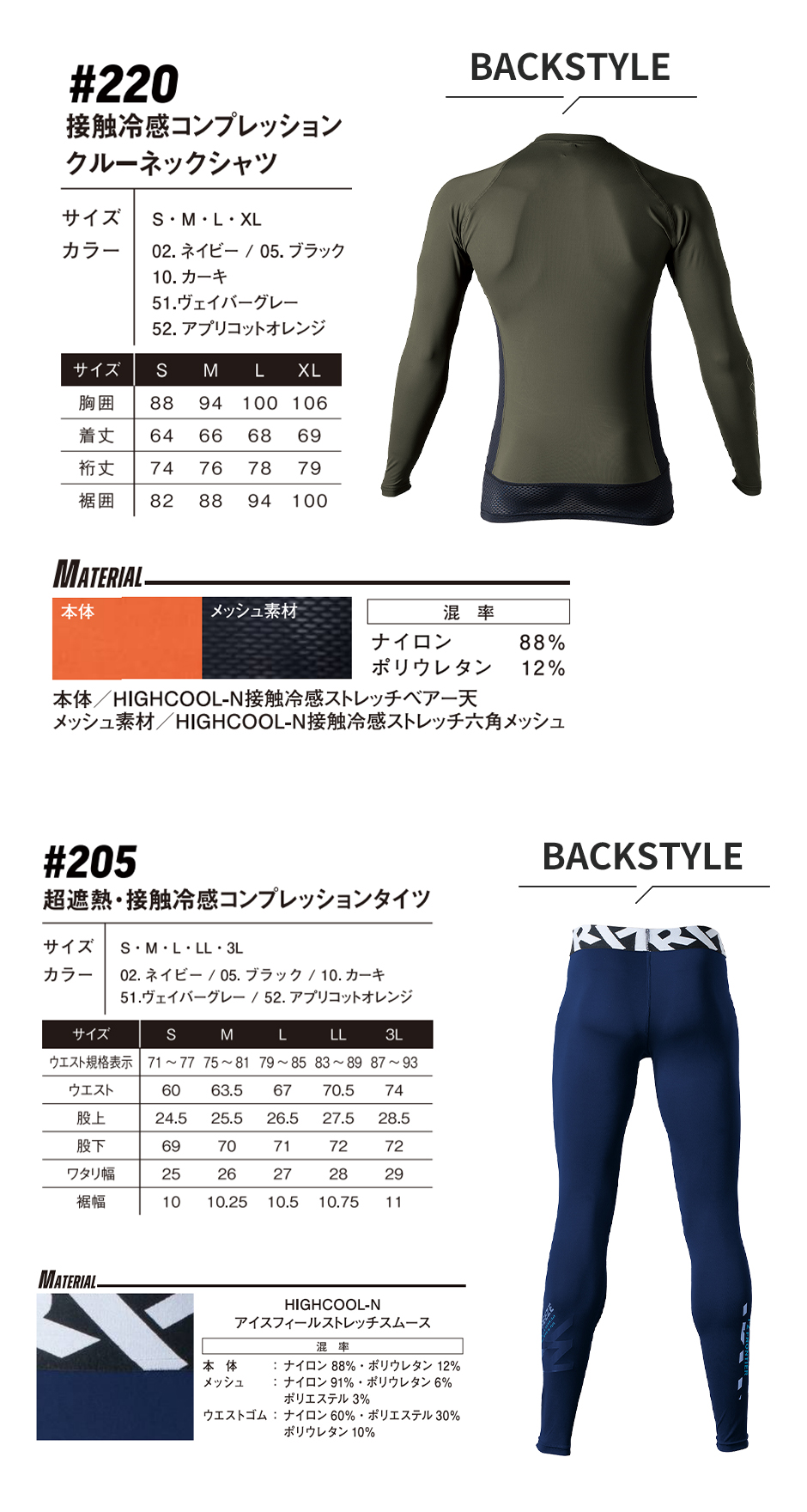 アイズフロンティア インナー上下セット(接触冷感コンプレッション クルーネックシャツ #220 +超遮熱・接触冷感コンプレッションタイツ #205)