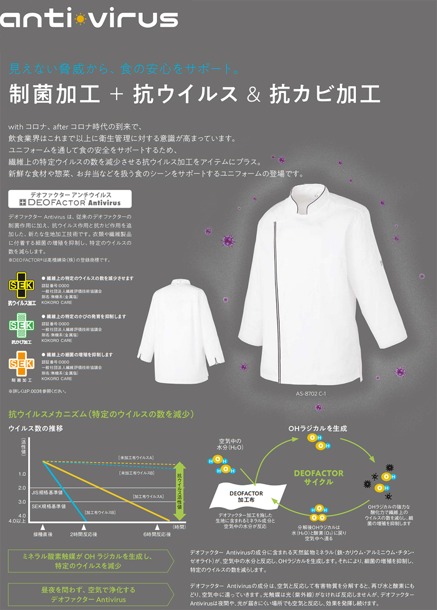 デオファクター 抗ウイルス DEOFACTOR Antivirus コックシャツ(七分袖)